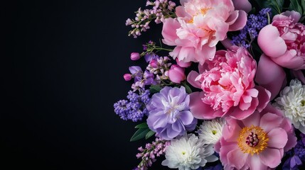 A beautiful bouquet of purple and pink flowers with delicate white blossoms on a dark background.