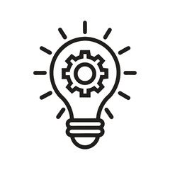 light bulb with gears, Black outline icon of a light bulb with gear or spark, symbolizing innovation and creative thinking, flat modern design, isolated on white