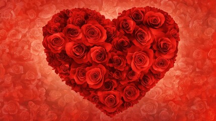 A heart-shaped arrangement of vibrant red roses surrounded by dark green leaves.