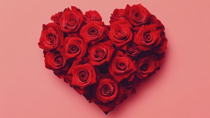 A heart-shaped arrangement of vibrant red roses surrounded by dark green leaves.
