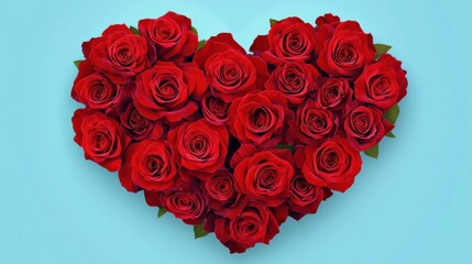 A heart-shaped arrangement of vibrant red roses surrounded by dark green leaves.