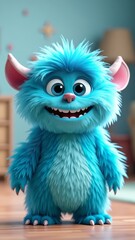 A friendly blue monster with white ears and a pink nose