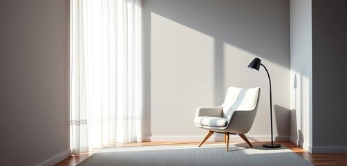 Modern single chair in minimalist living room corner, natural light,  cushion,  carpet