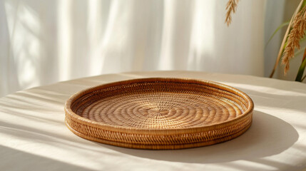 Obraz premium Handcrafted rattan tray placed on a beige surface for eco-living product presentation