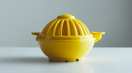 Handheld plastic citrus juicer shown isolated on a plain white surface
