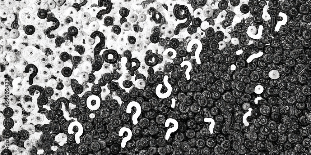 Poster Abstract background of swirling black and white circles interspersed with question marks, symbolizing uncertainty, inquiry, or the search for answers