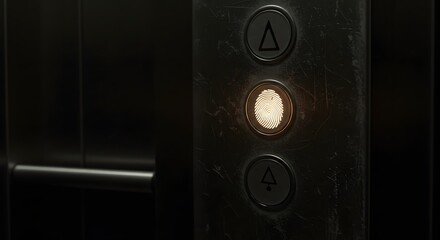 A close up of an elevator panel with a fingerprint scanner button illuminated in a dark setting
