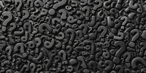 Textured black background with embossed question marks, creating a pattern of inquiry and uncertainty, suitable for concept design or website decoration