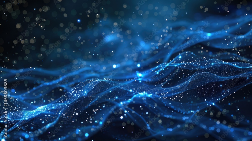 Poster abstract picture micro light sparkling particle represent data flow vivid flowing wave with high tec