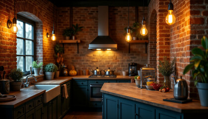 Cozy Rustic Kitchen with Brick Walls and Pendant Lights