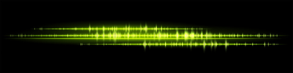 Soundwave. Green glowing audio waveform with reflection on dark background. Suitable for sound analysis, podcast design, music streaming, audio recording and tech interface.