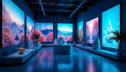 Vibrant Art Gallery with Colorful Landscapes