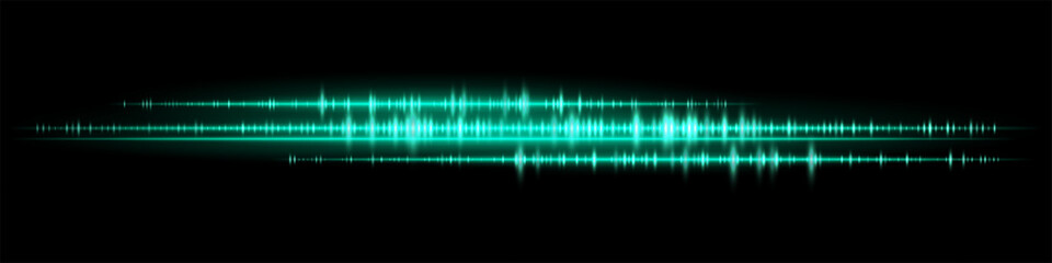 Soundwave. Green glowing audio waveform with reflection on dark background. Suitable for sound analysis, podcast design, music streaming, audio recording and tech interface.