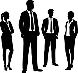 Striking Corporate Team Silhouette Vector Illustration of Four Professionals in Formal Attire Engaging in Dynamic Interaction