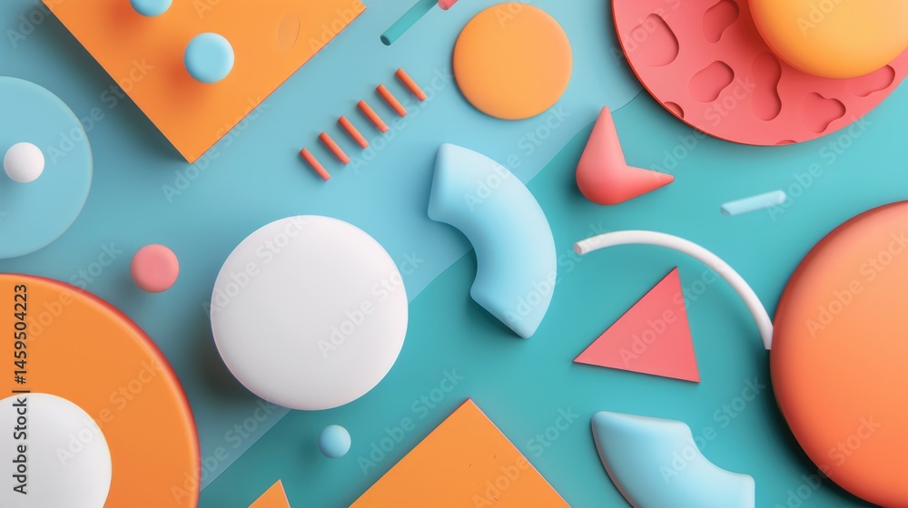 Poster flat lay of geometric shapes in pastel colors on a turquoise background. background image of 3d rend