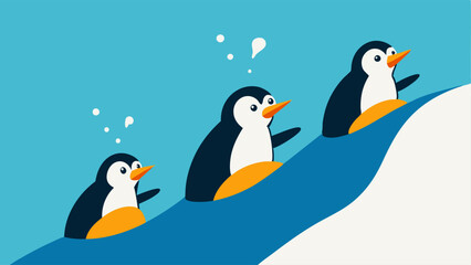Naklejka premium Race to the Splash A competitive scene shows several penguins in a racing formation sliding down the slope. They are neckandneck with flippers flapping and bodies leaning forward.