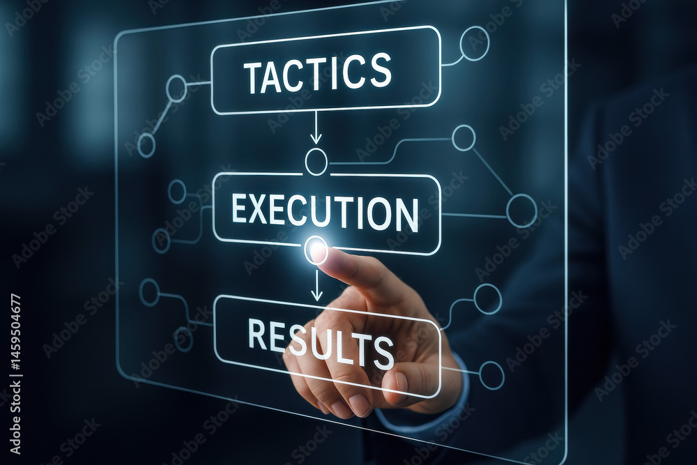 Poster a closeup a hand interacting with a smart glass panel illustrating key business strategy steps empha