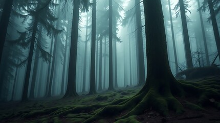 Naklejka premium Photograph of a cedar tree in a mystical forest. Soft dreamy atmosphere. Tall dark green conifers, moss-covered ground, ethereal fog. Soft contrast, soft saturation, hazy, soft light