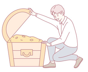 A young man, ecstatic with joy, stumbles upon a treasure chest overflowing with glimmering gold coins