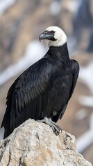 Black and white bird of prey perched on a rock  White head and neck contrast with black plumage Sharp beak and talons  Looks alert, against a blurred, mountainous background