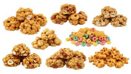 Assortment of delicious peanut brittle and colorful cereal, a sweet indulgence.