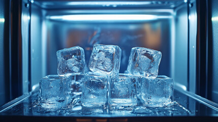 Ice cube tray seen in a fridge freezer with the cubes inside