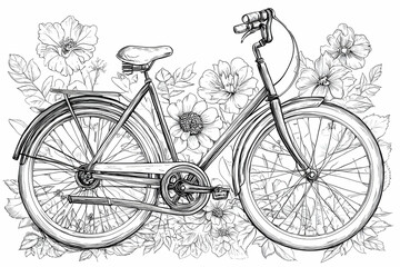 Vintage Bicycle Illustration Surrounded by Floral Elements