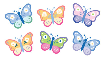 Cute butterfly collection, kids cartoon vector. Illustration isolated on white background. Color insect clipart. Baby shower design elements. Party invitation, birthday celebration. Spring, summer art
