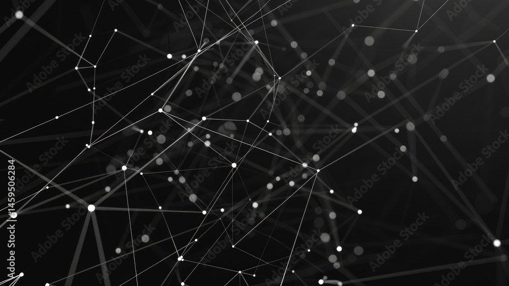 Poster abstract digital network with interconnected nodes and lines on a black background. glowing vibrant 