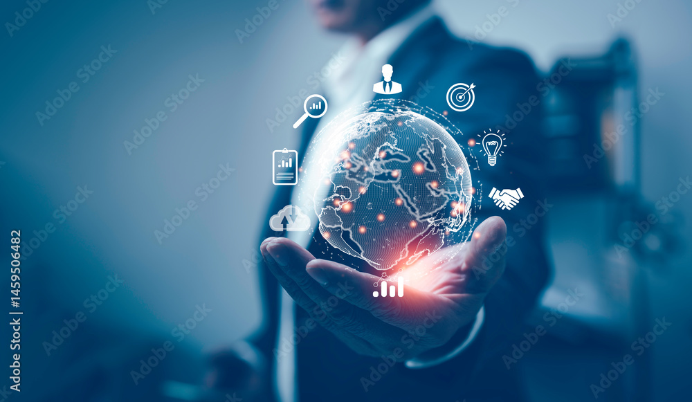 Poster ฺีbusinessman holding virtual global internet connecting big data on the world with global internet 