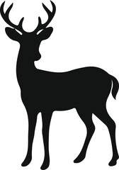 Silhouette of Deer with Antlers, Black and White Vector Illustration of Standing Wild Animal
