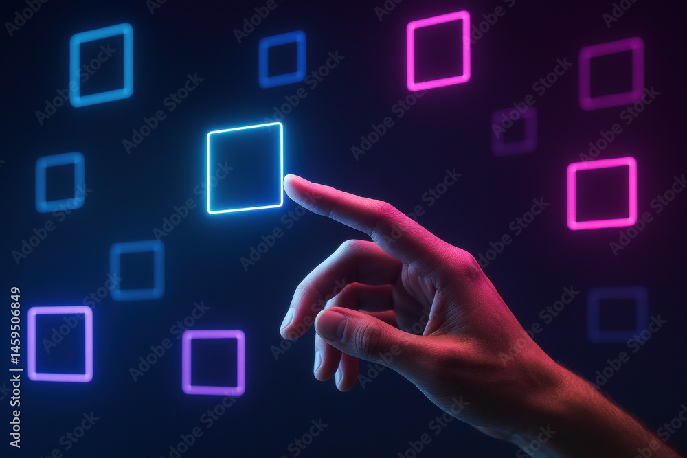 Poster a close-up a reaching toward glowing floating squares symbolizes decision-making and strategy in a b