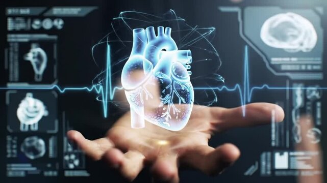 2.	a close-up of a hand gently holding a virtual hologram heart with a pulse waveform inside, surrounded by digital health icons, dark blue background with tech grid