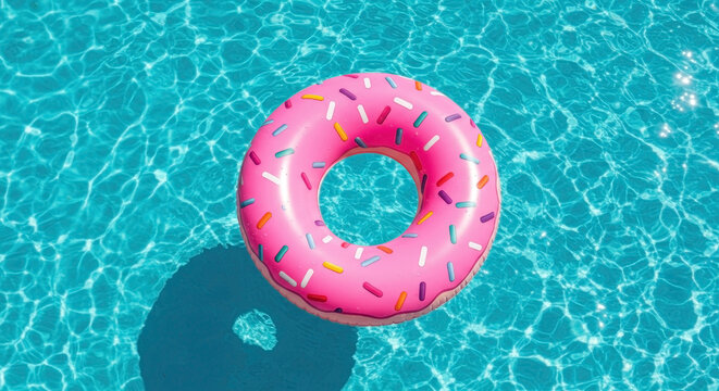 Pink donut inflatable ring floating on clear blue pool water, sunlight reflections. Summer, vacation, relaxation, pool party, holiday event, swim product sale. Horizontal banner