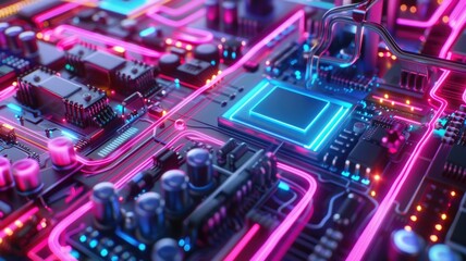 Obraz premium Close up of a circuit board with neon lights. Macro photography of motherboard or microchip or electrical circuit with gradient pink and purple glowing neon light. Digital artwork for design. AIG53.