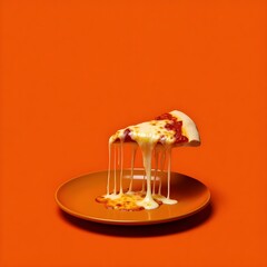 Delicious pizza with gooey cheese as a slice is pulled and served on a warm plate on a bright orange background