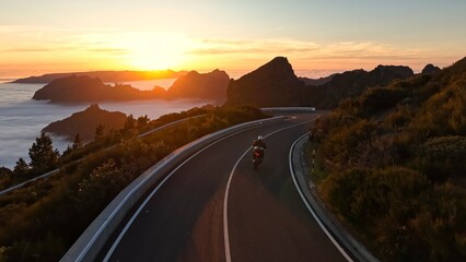 Motorcycle Rider Driving in High Mountain Landscape, Madeira Island , Portugal.