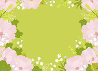 Cute Frame with Spring Flowers on Green Background