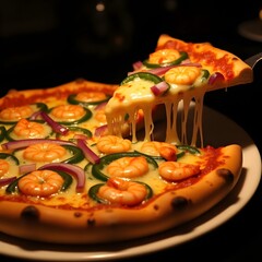 A mouthwatering shrimp pizza features a bubbling layer of cheese as a slice is pulled away, revealing its toppings. The warm colors create a vibrant and inviting atmosphere.