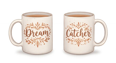 Two Coffee Mugs with Dream and Catcher Text