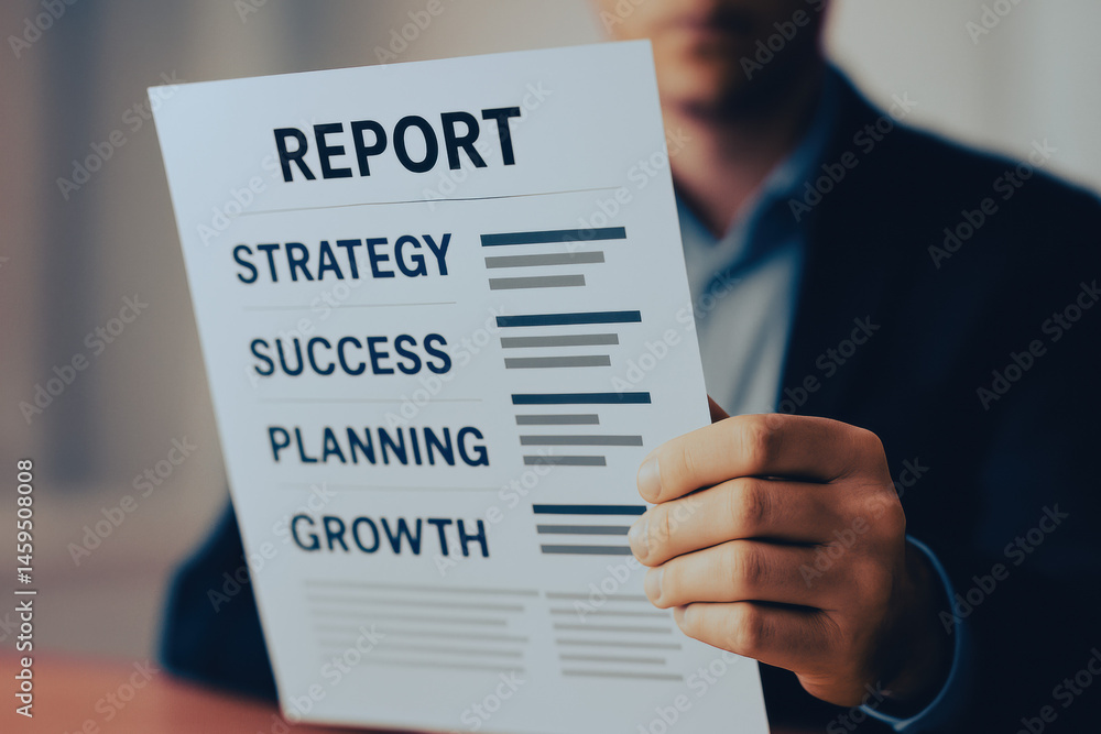Poster a focused holds a printed report highlighting key business concepts such as strategy success plannin