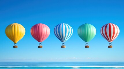 Fototapeta premium Colorful hot air balloons over calm ocean summer travel adventure concept