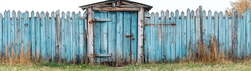 Aged light blue wooden fence with a weathered gate