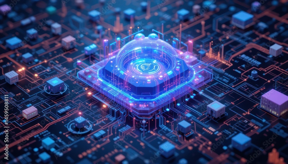 Aufkleber futuristic digital core: a glowing central processing unit on a circuit board
