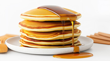 Delicious stack of fluffy pancakes with syrup on a plate