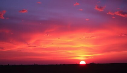 Fototapeta premium Vibrant orange and purple hues paint the sky as the sun dips below the horizon, vista, dramatic