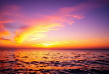 Obraz premium Vibrant orange and purple sunset reflecting on calm ocean waves, sea, holiday