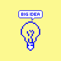 Y2k Retro Pixel art sticker with lightbulb. Big idea for business. Icons with call to actions for Social media. Speech bubble speech. Nostalgia arcade icon for business. Game Futuristic vector design