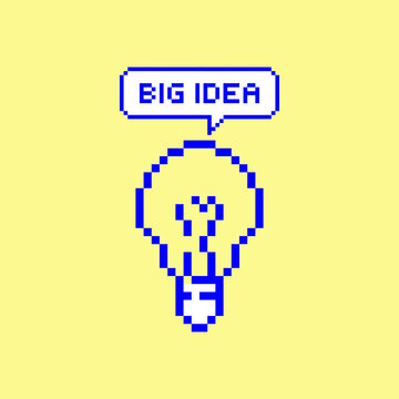 Y2k Retro Pixel art sticker with lightbulb. Big idea for business. Icons with call to actions for Social media. Speech bubble speech. Nostalgia arcade icon for business. Game Futuristic vector design