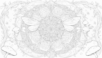 Intricate floral and butterfly mandala coloring page for relaxation and creativity